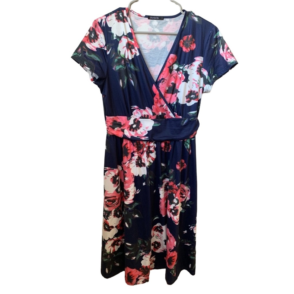OUGIE Women’s Navy Blue Coral Green White Floral Print Wrap Front Midi Dress